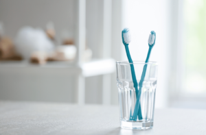 Two teal colored toothbrushes sitting inside an empty and clear glass on the counter
