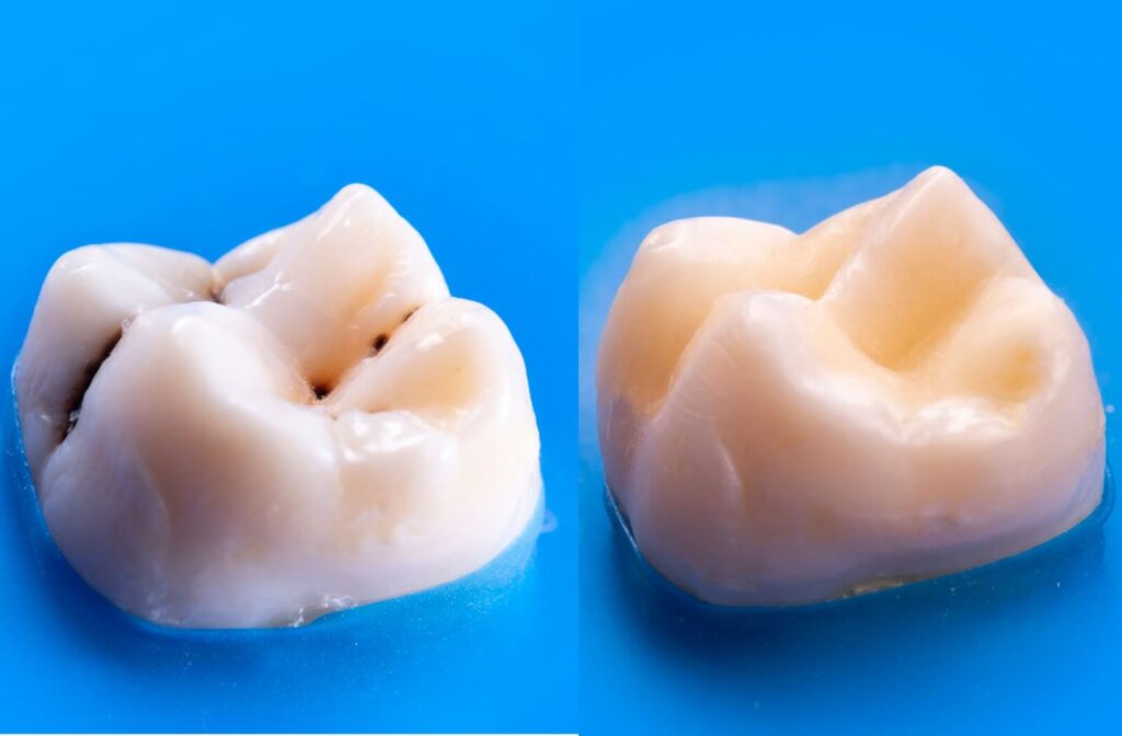 A side by side comparison of a tooth before and after a filling.